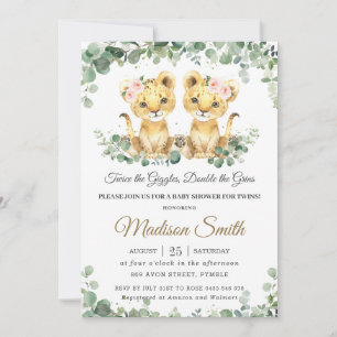 Invitation Fête de naissance jumeaux Lionceaux verdure chic F