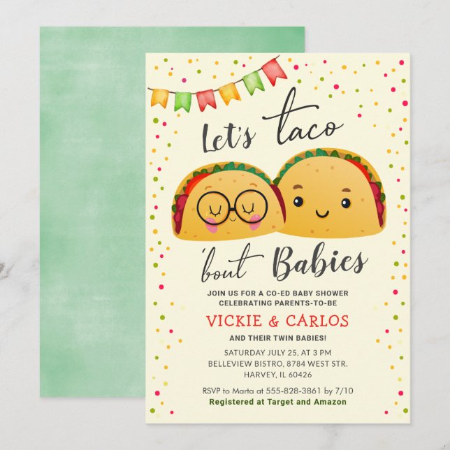 Invitation Fête de Naissance Jumeaux Mixte : Let's Taco Bout  (Devant / Derrière)