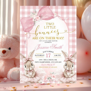 Invitation Fête de Naissance Jumelles Coquette Rose Gingham