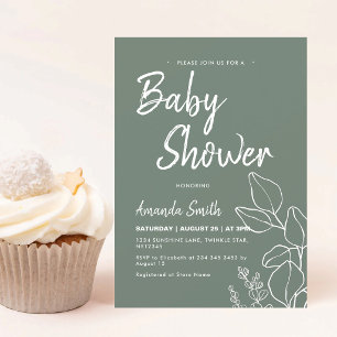 Invitation Fête de naissance minimaliste botanique vert sauge