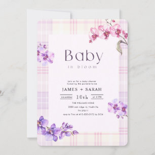 Invitation Fête de naissance Orchidée Violette Gingham Floral