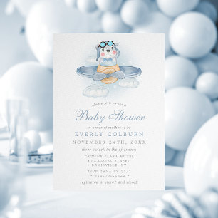 Invitation Fête de naissance Ourson Avion Vintage Garçon