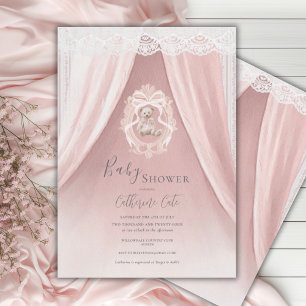 Invitation Fête de naissance ourson élégant rose capricieux