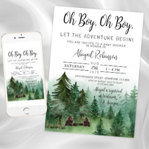 Invitation Fête de naissance ourson en forêt pour jumeaux gar