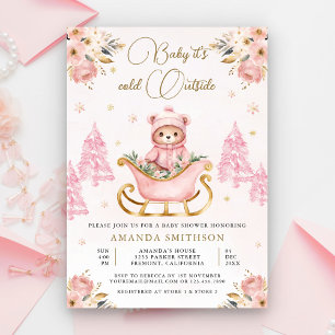 Invitation Fête de naissance Ourson Floral Or Rose Hiver