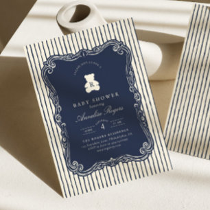 Invitation Fête de naissance Ourson Monogramme Bleu Marine Vi