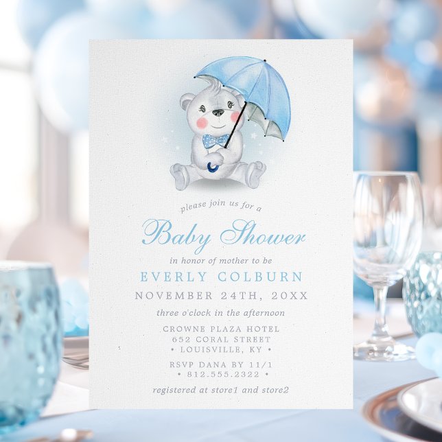 Invitation Fête de naissance Ourson Parapluie Garçon  (Créateur téléchargé)
