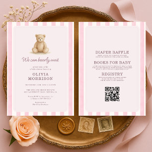 Invitation Fête de naissance Ourson Rose Tout en Un