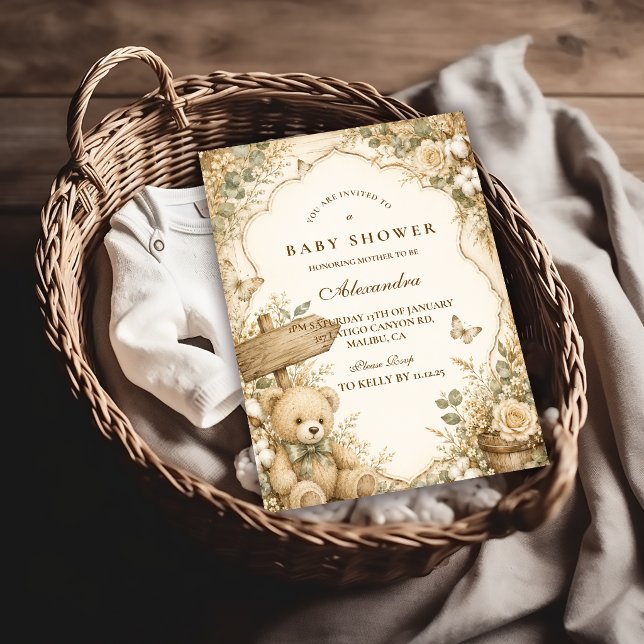 Invitation Fête de naissance ourson rustique (Créateur téléchargé)