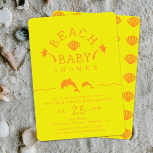 Invitation Fête de naissance Palms & Dolphins Jaune & Orange 