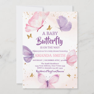 Invitation Fête de naissance Papillon Or Rose Violet Bébé Fil