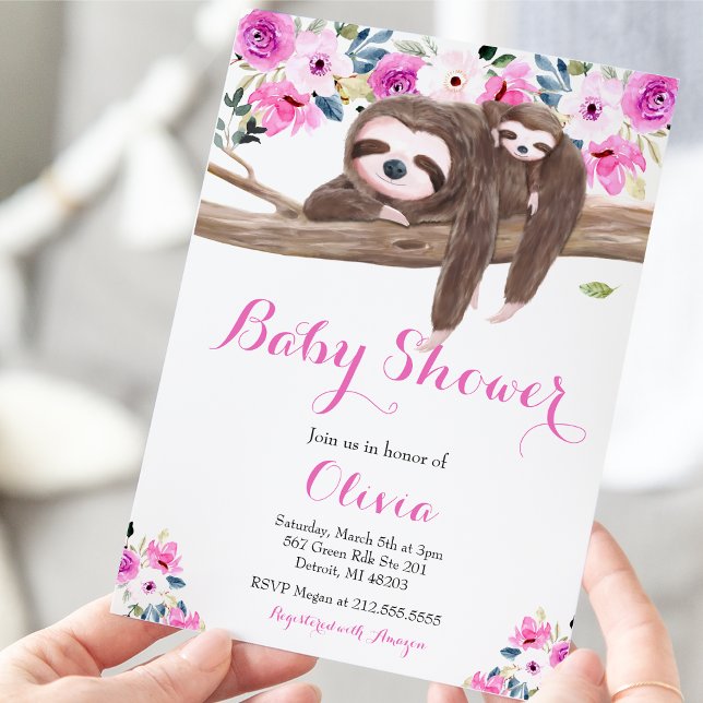 Invitation Fête de naissance Paresseux Floral Rose et Bébé (Créateur téléchargé)