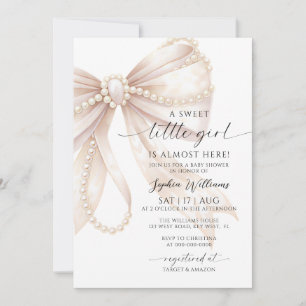 Invitation Fête de naissance Pearl and Bow Sweet Little Girl