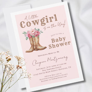 Invitation Fête de Naissance Petite Cowgirl Florale Rose