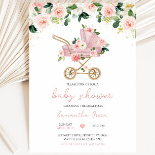 Invitation Fête de naissance pour bébé dans un landau rose