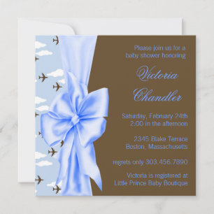 Invitation Fête de naissance pour bébé garçon avion marron et