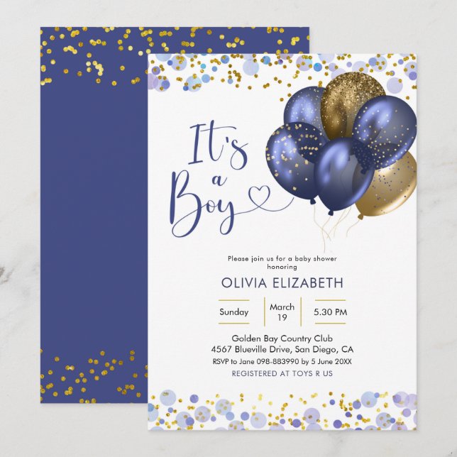 Invitation Fête de naissance pour garçon avec ballon bleu mar (Devant / Derrière)
