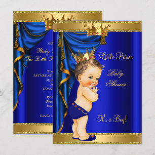 Invitation Fête de naissance Prince Bébé Bleu Or Rouge Brune