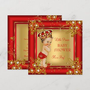 Invitation Fête de naissance Prince Boy Bébé Brunette Or Roug