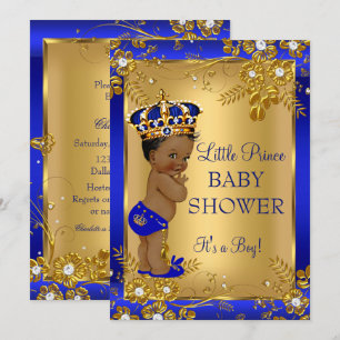 Invitation Fête de naissance Prince garçon Or Bleu Afro-Améri
