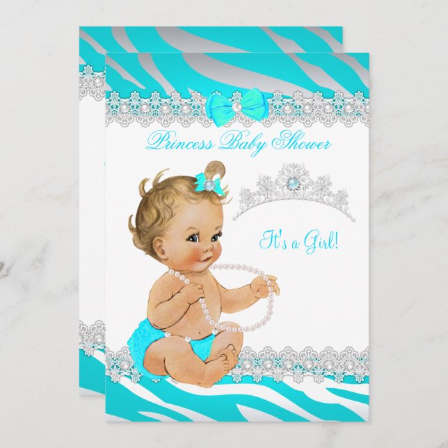 Invitation Fête de naissance Princesse Fille Bébé Turquoise Z (Devant / Derrière)