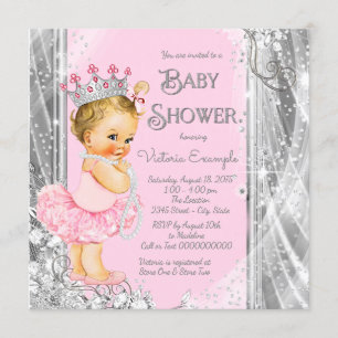Invitation Fête de naissance Princesse Tutu Rose Argent