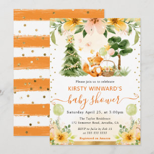 Invitation Fête de Naissance Renard Floral Mignon Aquarelle