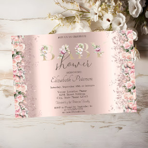 Invitation Fête de naissance Rose Gold avec roses pailletées