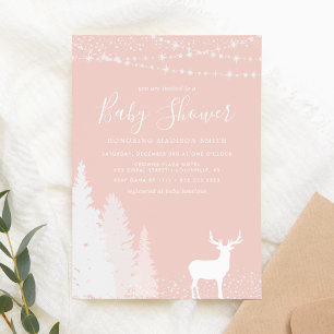 Invitation Fête de naissance Rustique Hiver Cerf Bois Rose Pâ