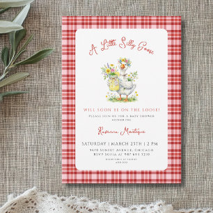 Invitation Fête de Naissance "Silly Goose Flower Red Gingham 