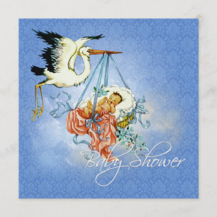 Invitation Fête de naissance vintage bébé garçon cigogne