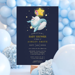 Invitation Fête de Naissance Whale and Bunny Navy Stars