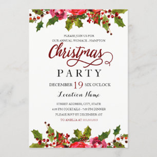Invitation Fête de Noël à feuille de houx à aquarelle rouge v