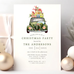 Invitation Fête de Noël à l'aquarelle rétro de voiture verte