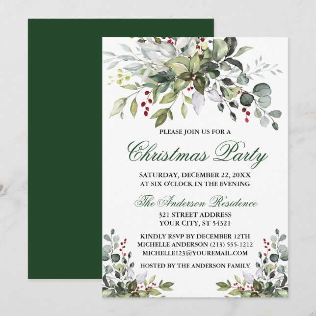 Invitation Fête de Noël Aquarelle Baies vertes (Devant / Derrière)