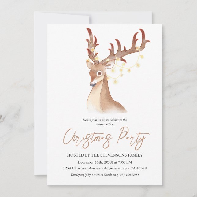 Invitation Fête de Noël Aquarelle Brown Cerf Élégant Chic (Devant)