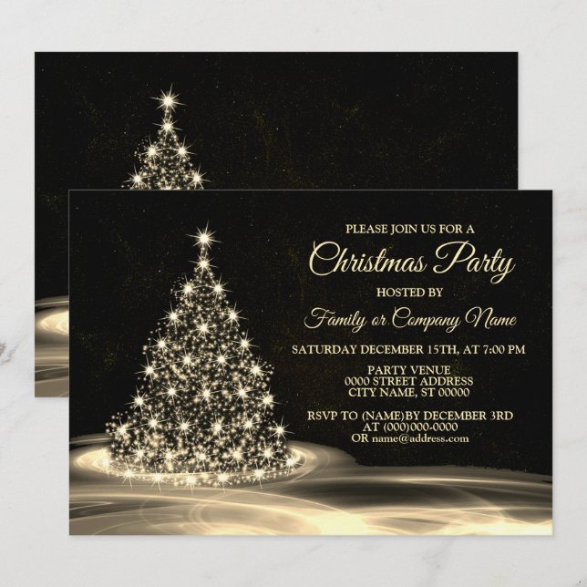 Invitation Fête de Noël Arbre brillant doré hiver noir (Devant / Derrière)