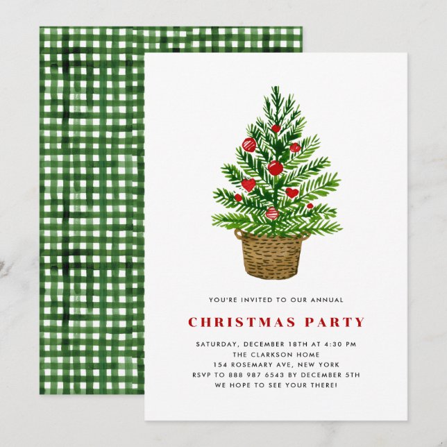 Invitation Fête de Noël Arbre d'Aquarelle (Devant / Derrière)