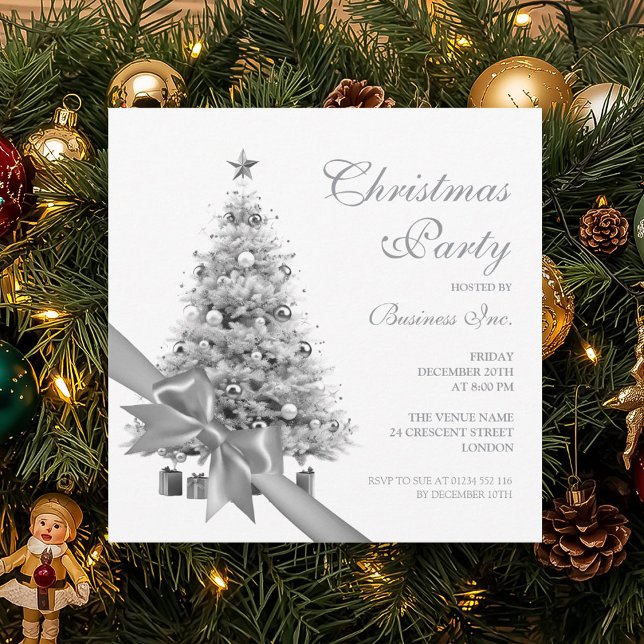 Invitation Fête de Noël Arbre de Noël de la Société Bow (Corporate Silver Christmas Tree Bow Holiday Party Invitation)