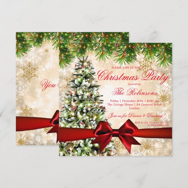 Invitation Fête de Noël | Arbre de Noël, ruban et étincelles (Devant / Derrière)