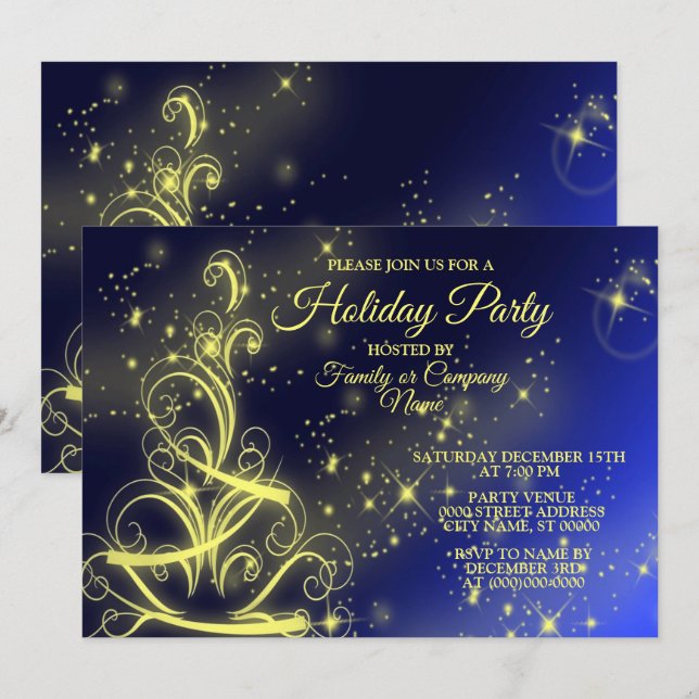 Invitation Fête de Noël Arbre d'or Étoiles Marine Fêtes Bleue (Devant / Derrière)