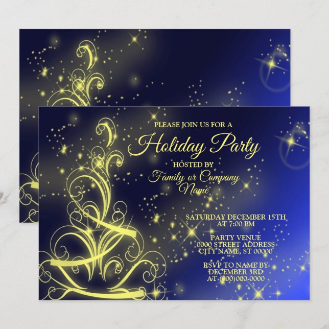 Invitation Fête de Noël Arbre d'or Étoiles Marine Fêtes Bleue (Devant / Derrière)