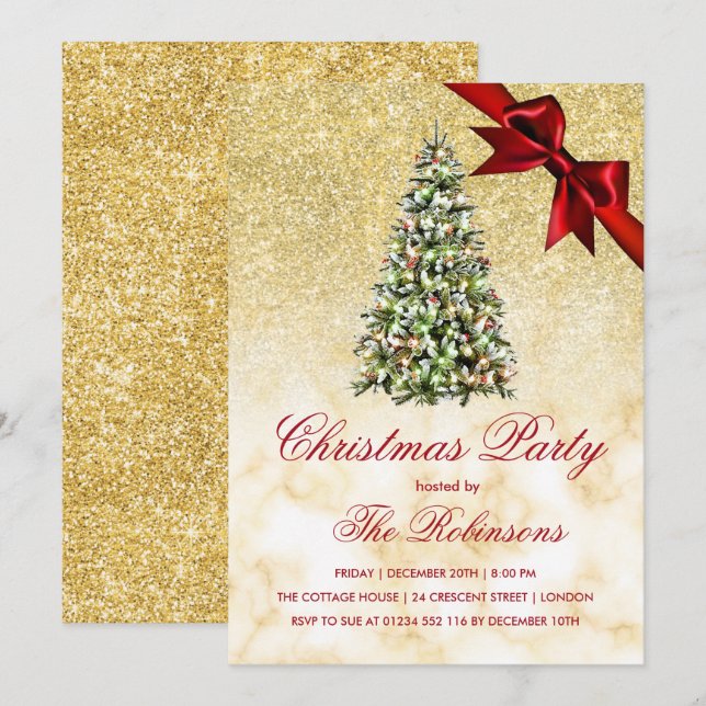 Invitation Fête de Noël | Arbre en marbre doré et ruban rouge (Devant / Derrière)