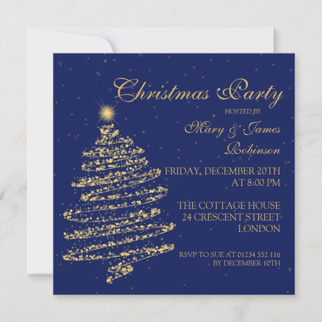 Invitation Fête de Noël Arbre Tourbillonnant Gold and Navy Bl (Devant)