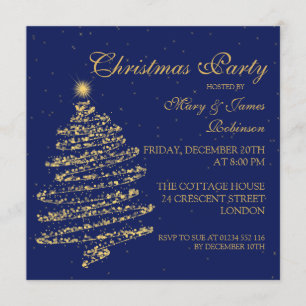Invitation Fête de Noël Arbre Tourbillonnant Gold and Navy Bl