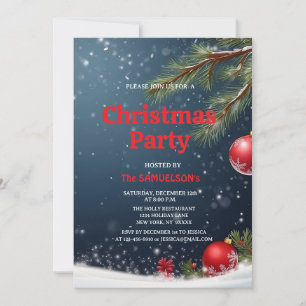 Invitation FÊTE DE NOËL arbre vert et boules rouges Paillette