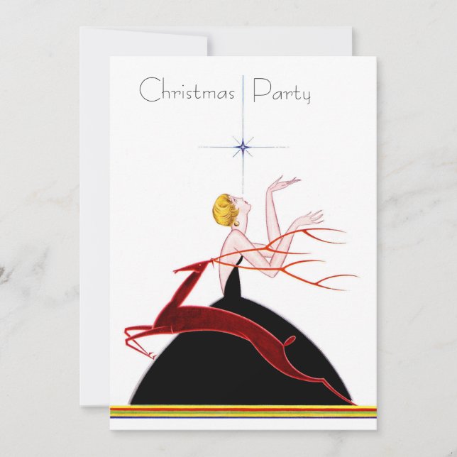 Invitation Fête de Noël Art Déco avec une Flapper et un Cerf (Devant)