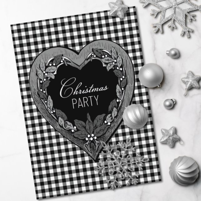 Invitation Fête de Noël au cœur noir et blanc rustique (Créateur téléchargé)