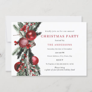 Invitation Fête de Noël au feuillage traditionnel rouge et ve