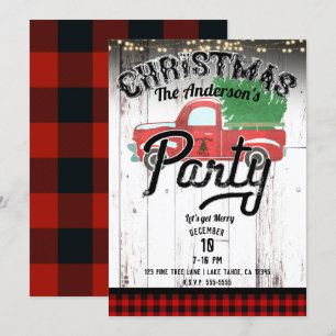 Invitation Fête de Noël au Plaid Rouge Camion Rustique Vintag